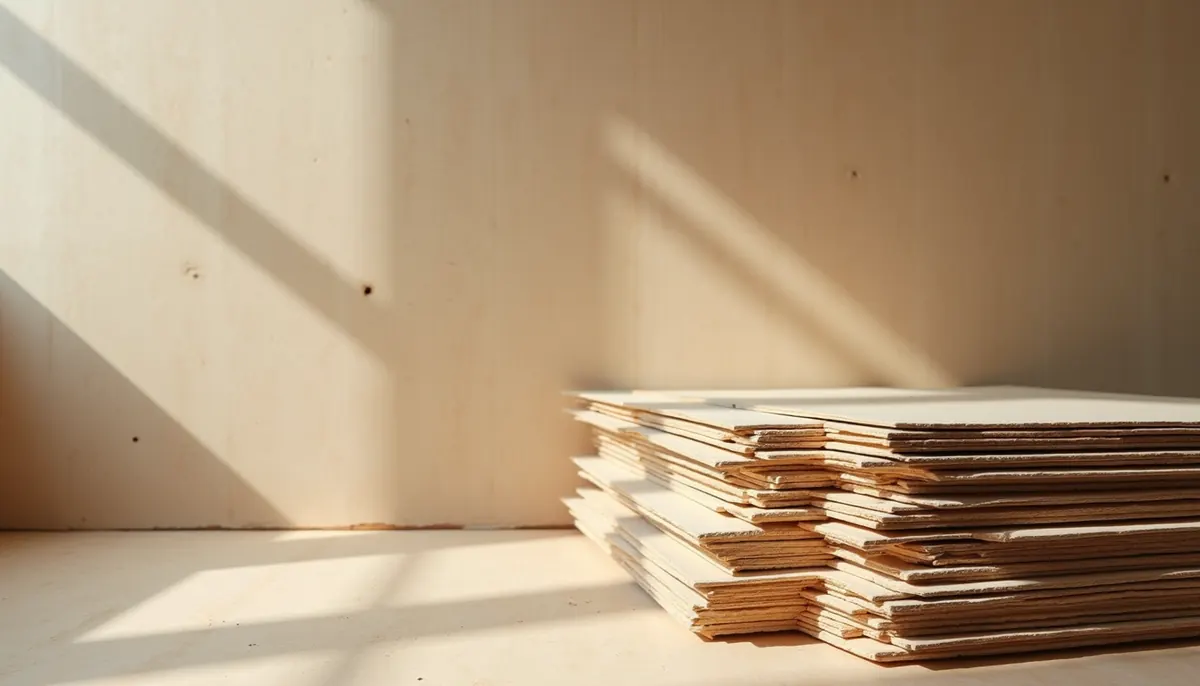 Stack of drywall sheets on the floor in a sunlit room before installation