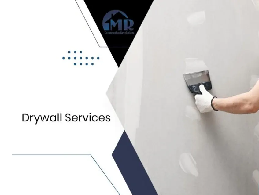 Drywall Services graphic showing a gloved hand smoothing joint compound with a taping knife
