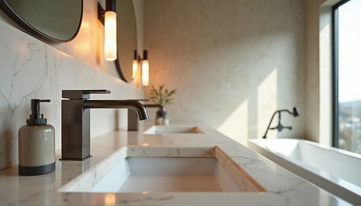 Marble bathroom vanity with an undermount sink, matte black faucet and round mirror lit by wall sconces