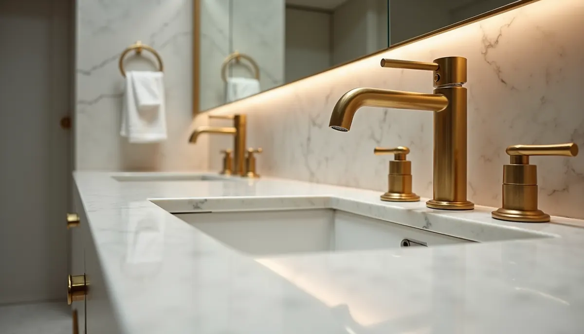 Luxury bathroom vanity with a marble countertop, brushed gold faucet and backlit mirror