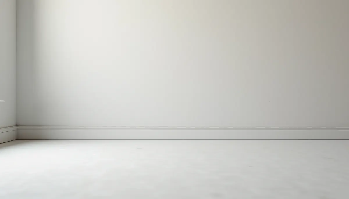 Freshly finished smooth drywall wall and baseboard in an empty room, ready for paint