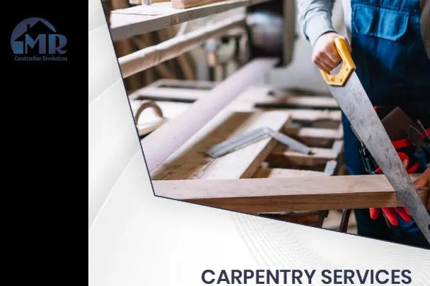 Carpentry Services graphic showing a carpenter cutting a wood board with a hand saw