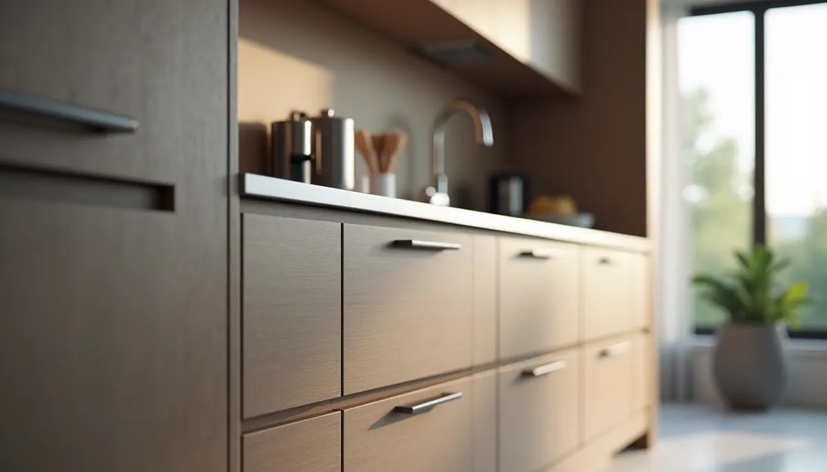 Modern kitchen with dark wood flat-panel drawers, a stone countertop and a window view