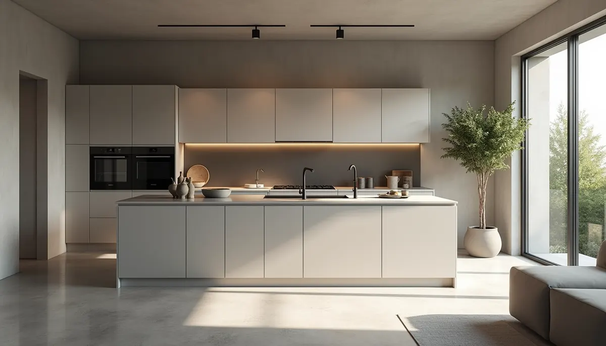 Minimalist kitchen with a white island, under-cabinet lighting and built-in wall ovens