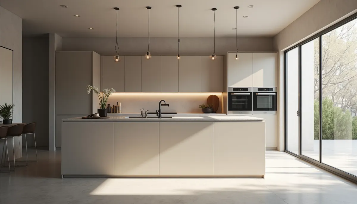 Bright modern kitchen with flat-panel cabinets, a long island, pendant lights and floor-to-ceiling windows