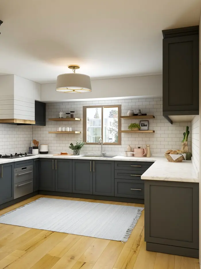 Kitchen with dark grey cabinets, white subway tile and open shelving