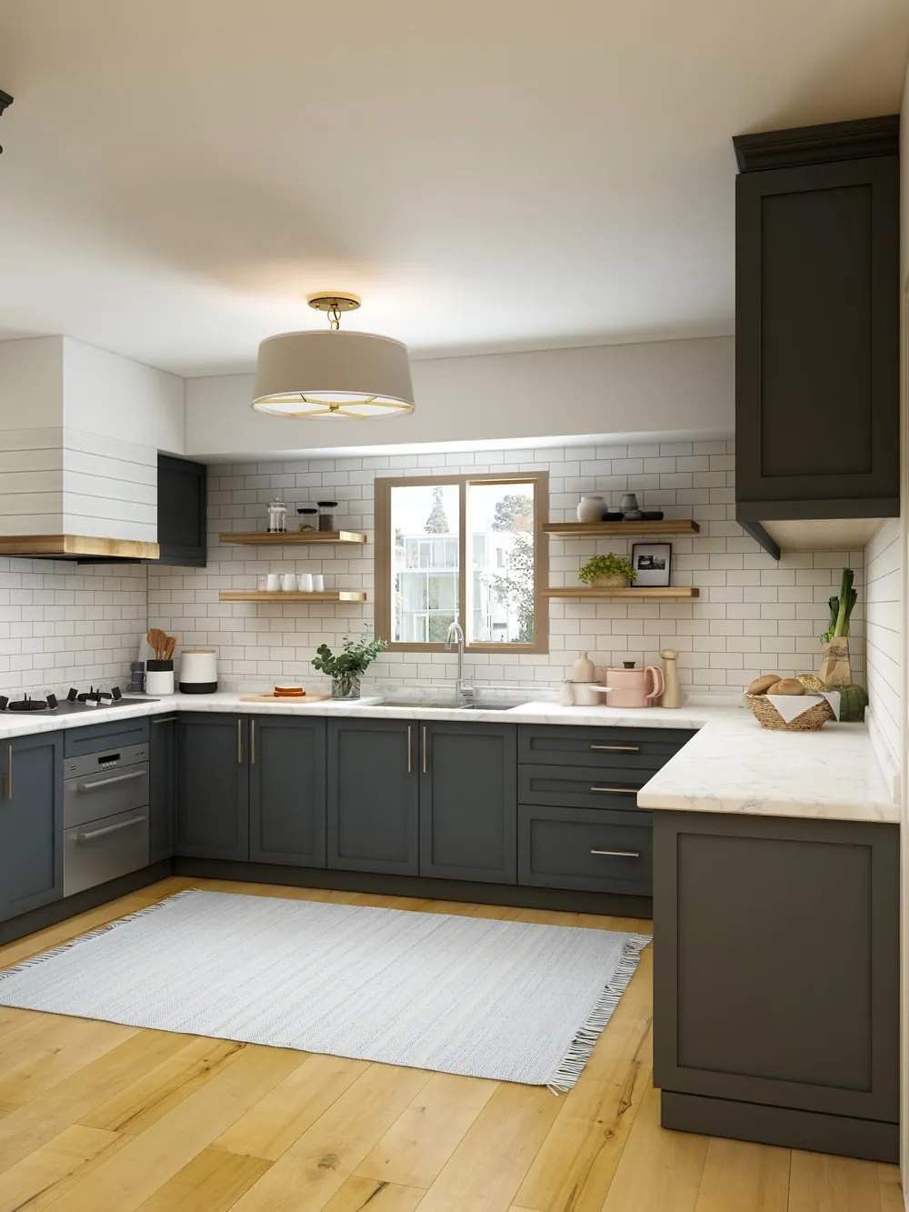 Kitchen with dark grey cabinets, white subway tile and open shelving